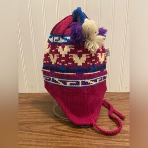 Vintage Igloo Knit Wool Winter Hat Pom Pom Heart Pink Purple Blue Warm Small